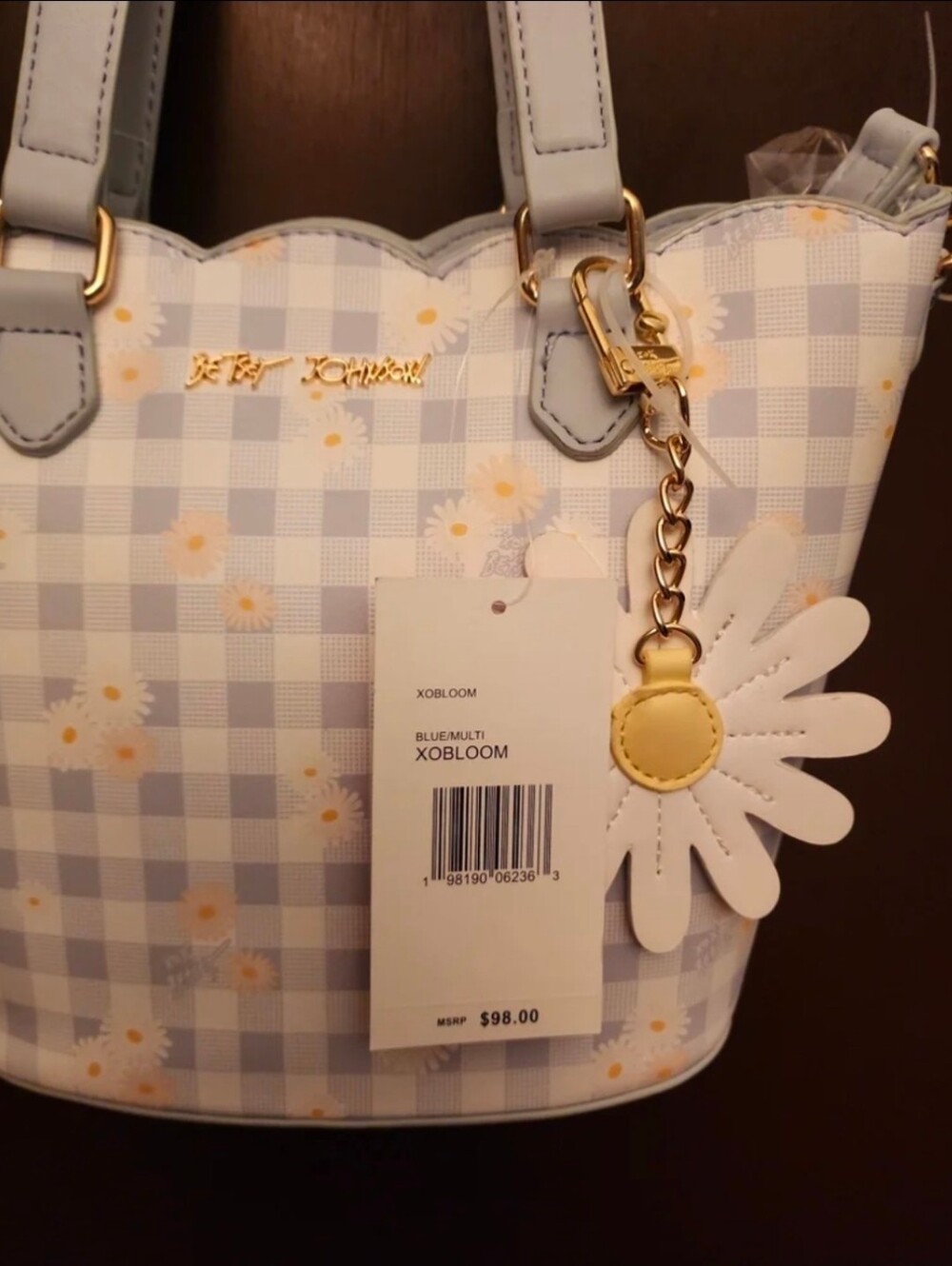 Betsey Johnson Plaid Daisy Flower Pattern Satchel Crossbody Bag Purse Charm - Picture 5 of 11